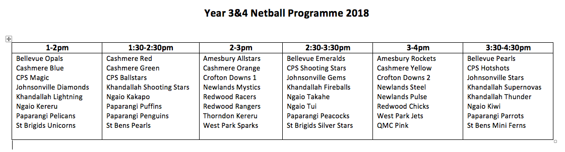 Year 3-4 programme timetable 2018